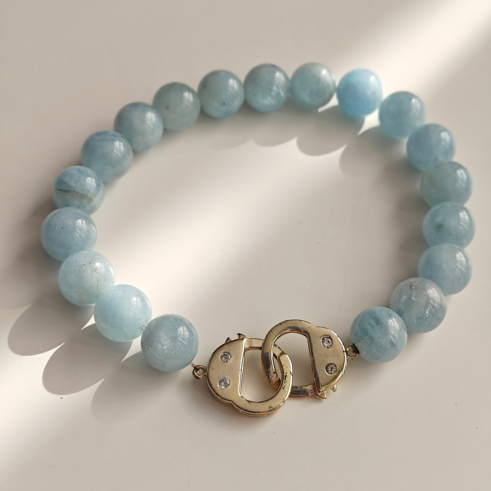 Aquamarine Beaded Stretch Bracelet 6in Blue Handcuff 925 Sterling Silver Gold